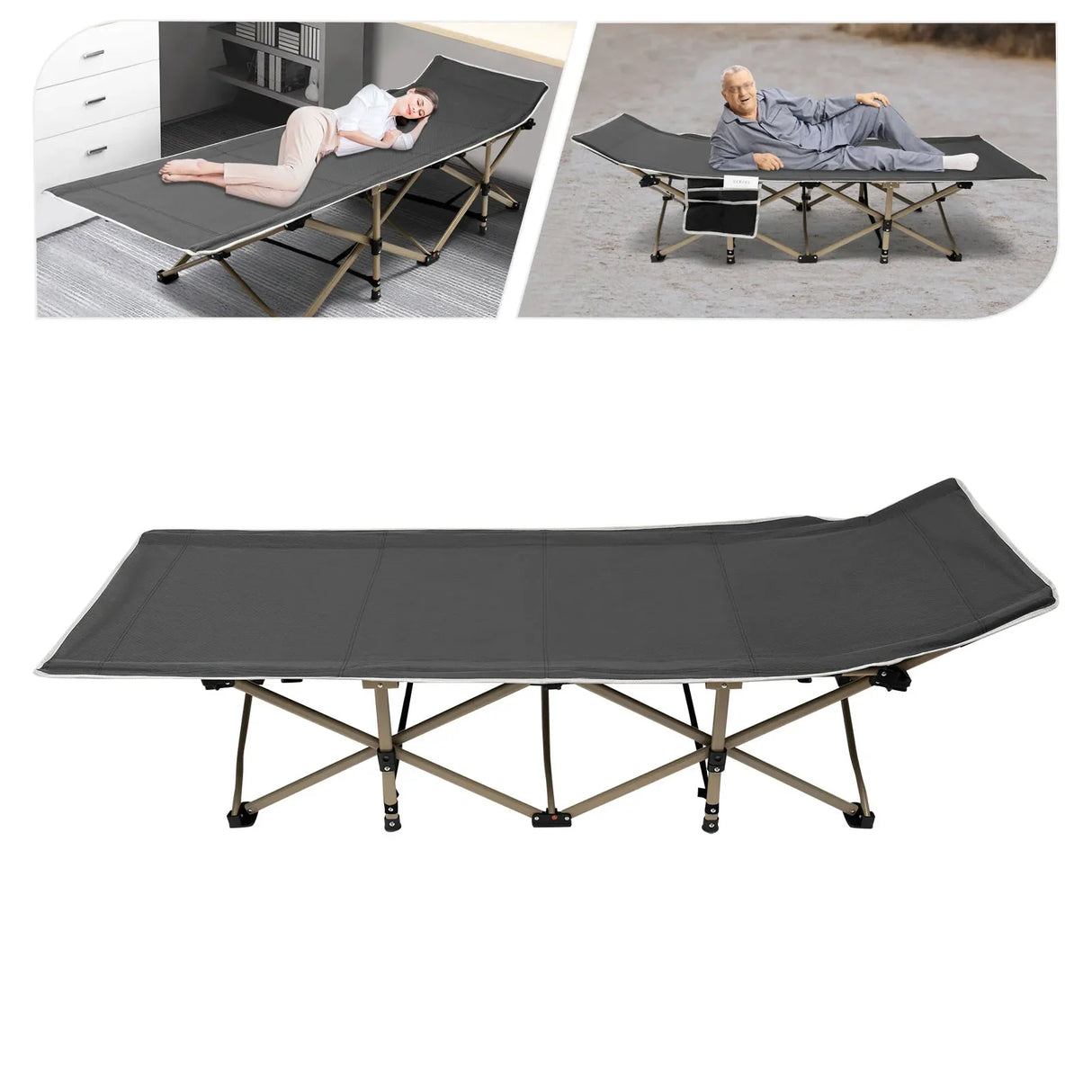 Gray Folding Outdoor Camping Cot, Portable Sleeping Cot, Travel Tent Cot for Camping, Hunting, Hiking, Max Load Capacity 280 KG
