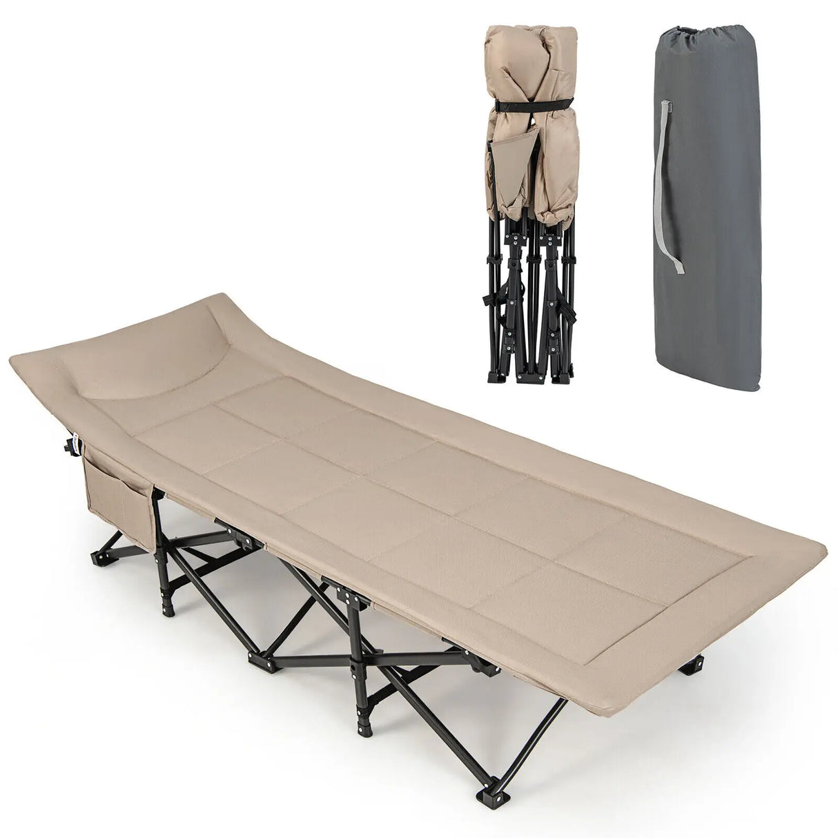 Folding Camping Cot Portable Tent Sleeping Bed w/Cushion Headrest Khaki