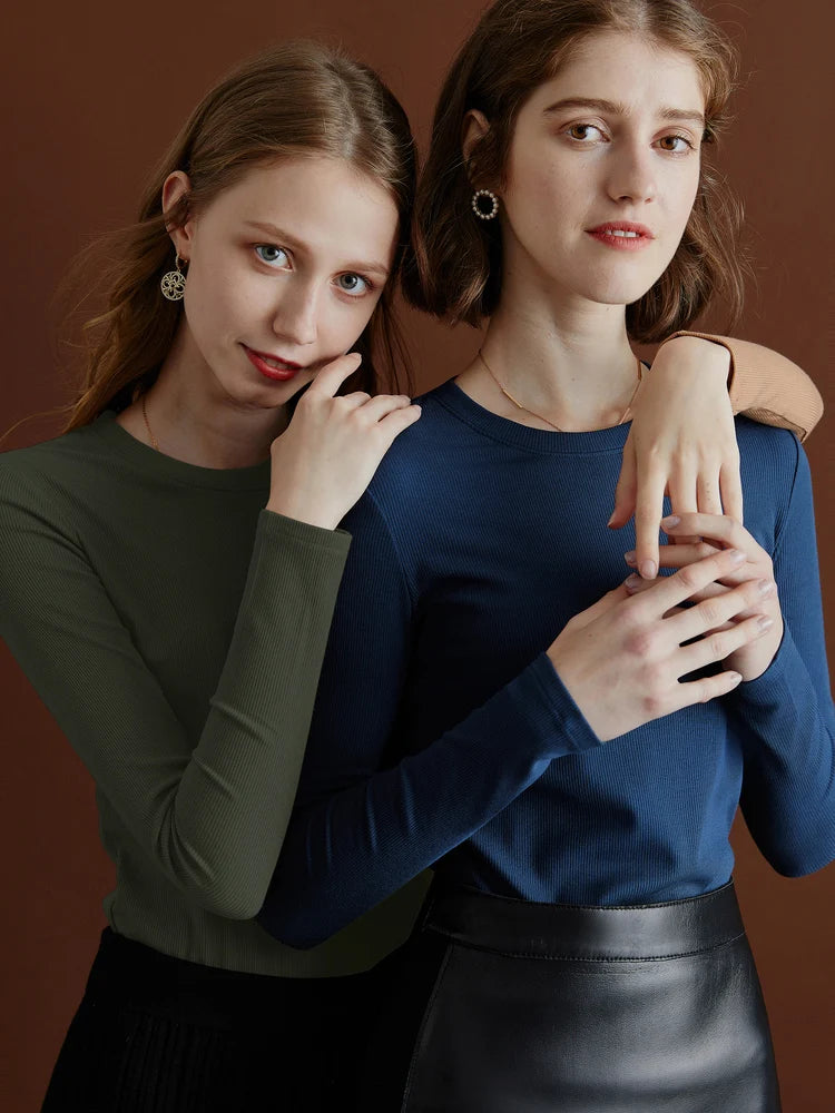 SuyaDream Women Knitted T Shirt Silk Viscose Blend Long Sleeves Solid Basic Cozy Tee 2022 Spring Summer Ribs Top Pink Blue