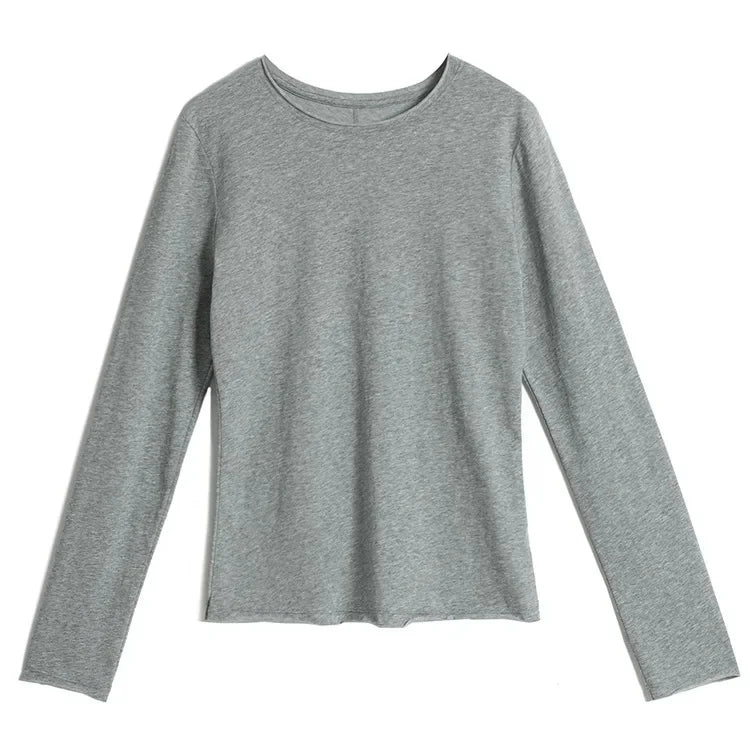 White Long Sleeve Women's T-shirt Thin Spring Autumn Loose round Neck Base Shirt Cotton Casual Inner Wear Top for Ladies