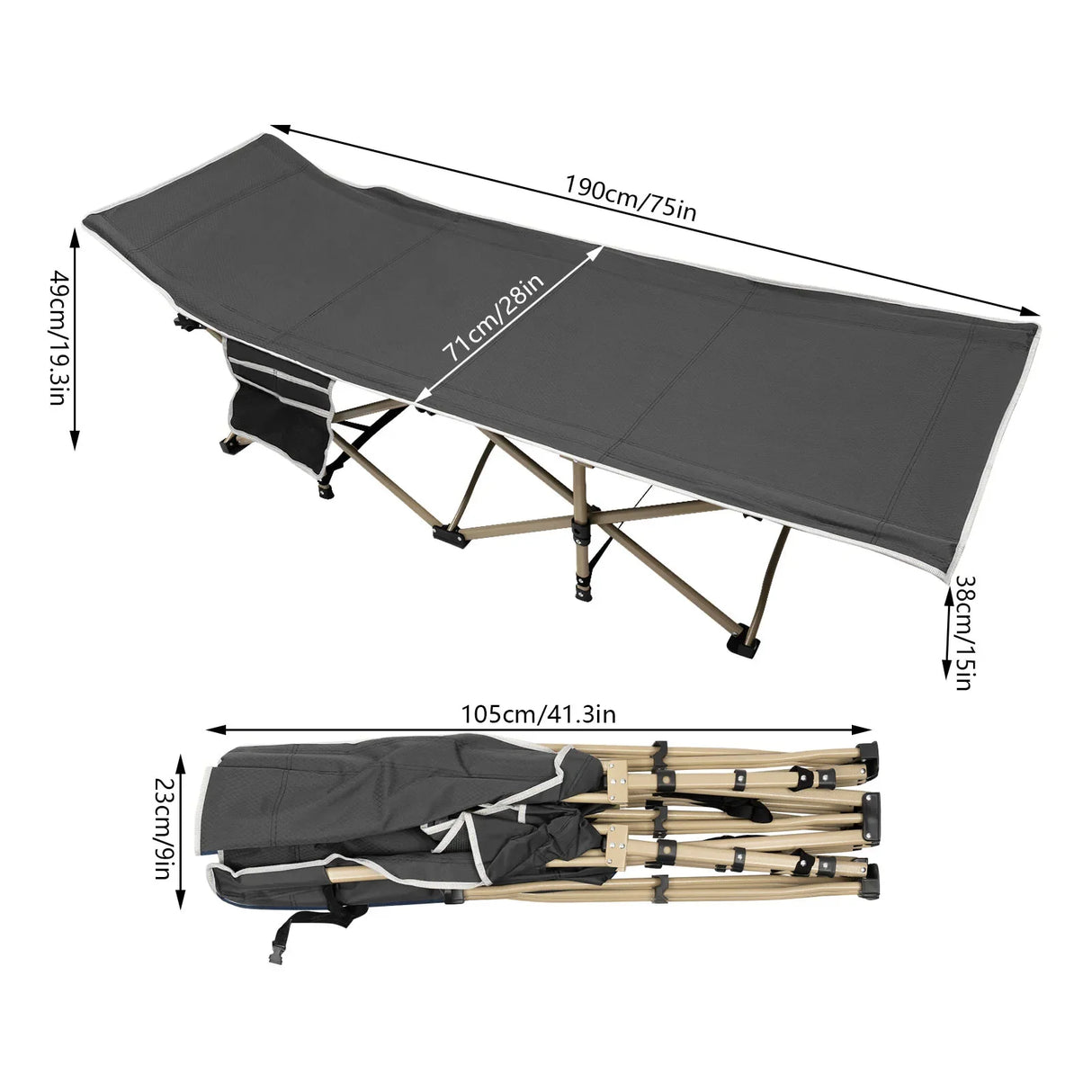 Gray Folding Outdoor Camping Cot, Portable Sleeping Cot, Travel Tent Cot for Camping, Hunting, Hiking, Max Load Capacity 280 KG