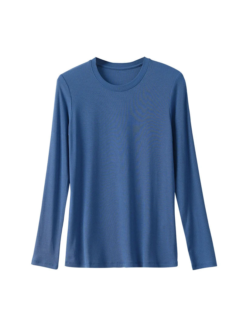 SuyaDream Women Knitted T Shirt Silk Viscose Blend Long Sleeves Solid Basic Cozy Tee 2022 Spring Summer Ribs Top Pink Blue