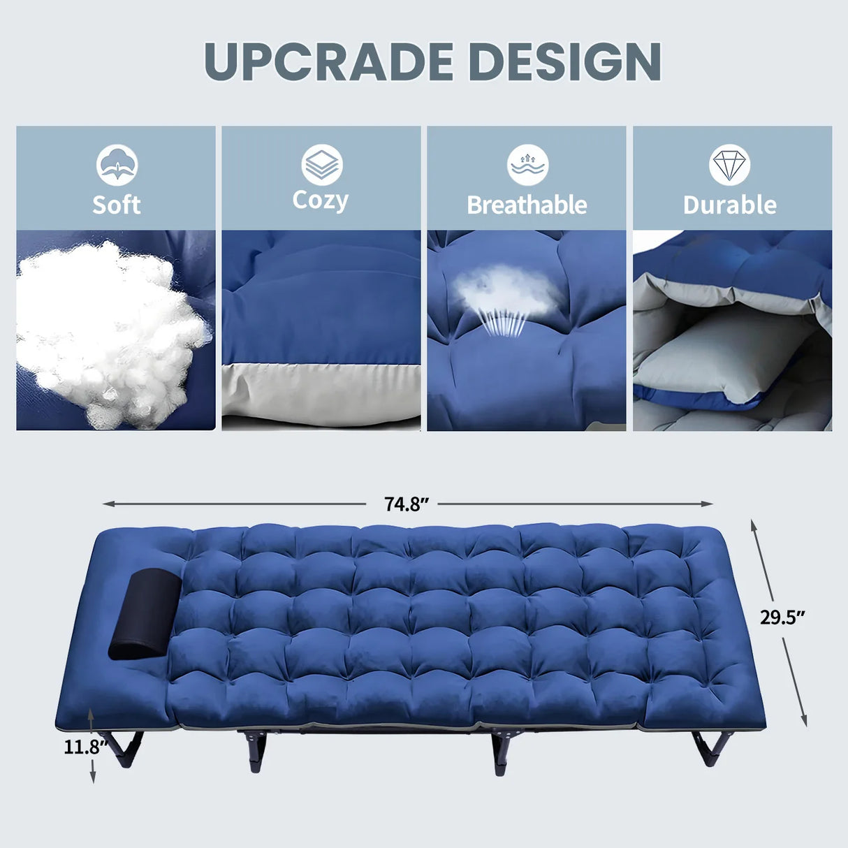 Camping Cot with Sleeping Pad 75-Inch Foldable Bed Adults Comfortable Dual-Sided Mattress and Pillow Heavy-Duty 400 lbs