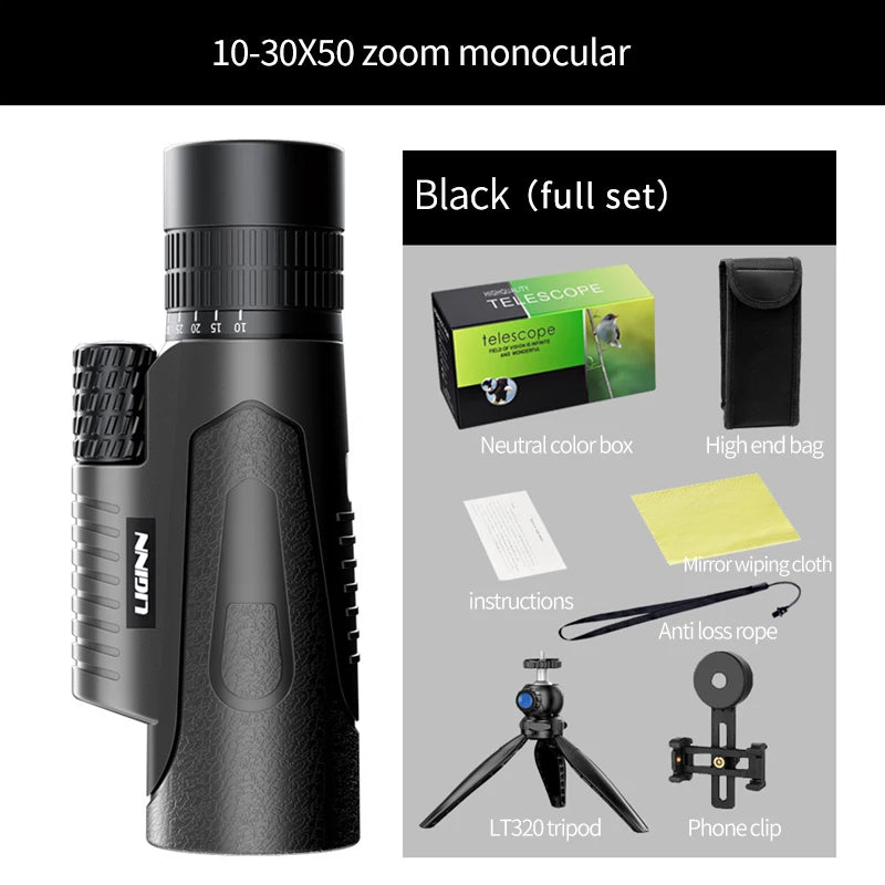 10-30x50 Zoom Telescope Astronomical Hunting Monocular Camping Equipment HD Spotting Scope with Phone Adapter Tripod