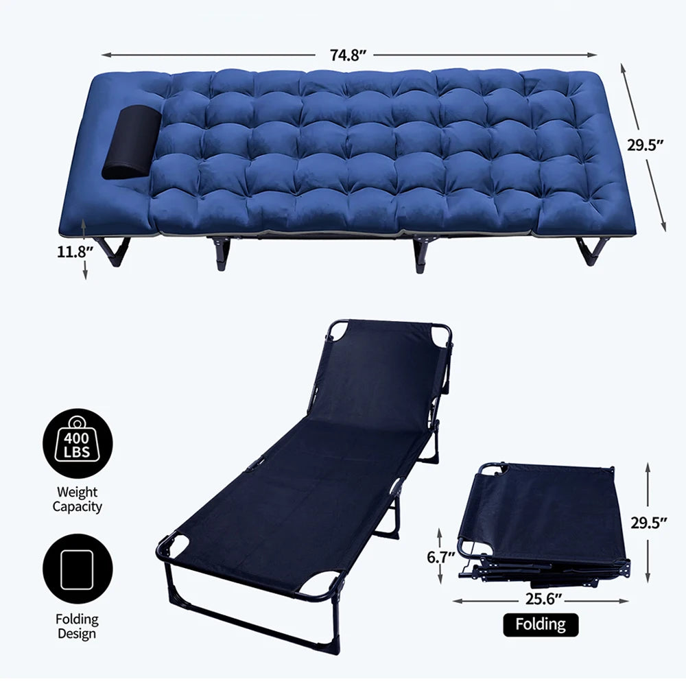 Camping Cot with Sleeping Pad 75-Inch Foldable Bed Adults Comfortable Dual-Sided Mattress and Pillow Heavy-Duty 400 lbs
