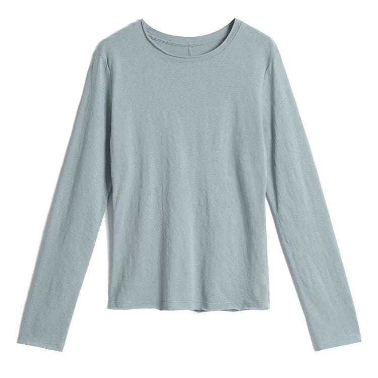 White Long Sleeve Women's T-shirt Thin Spring Autumn Loose round Neck Base Shirt Cotton Casual Inner Wear Top for Ladies