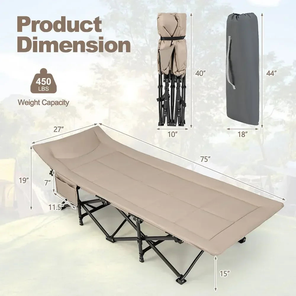 Folding Camping Cot Portable Tent Sleeping Bed w/Cushion Headrest Khaki
