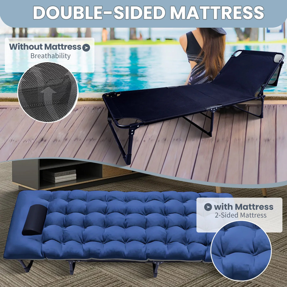 Camping Cot with Sleeping Pad 75-Inch Foldable Bed Adults Comfortable Dual-Sided Mattress and Pillow Heavy-Duty 400 lbs