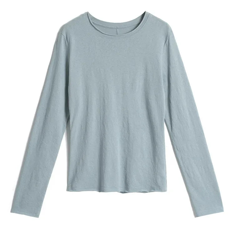 White Long Sleeve Women's T-shirt Thin Spring Autumn Loose round Neck Base Shirt Cotton Casual Inner Wear Top for Ladies