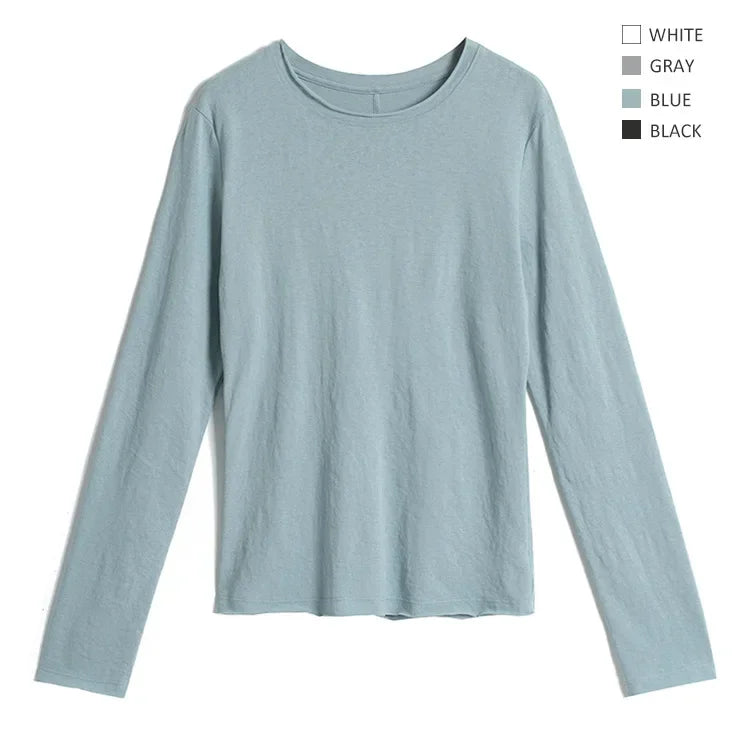 White Long Sleeve Women's T-shirt Thin Spring Autumn Loose round Neck Base Shirt Cotton Casual Inner Wear Top for Ladies