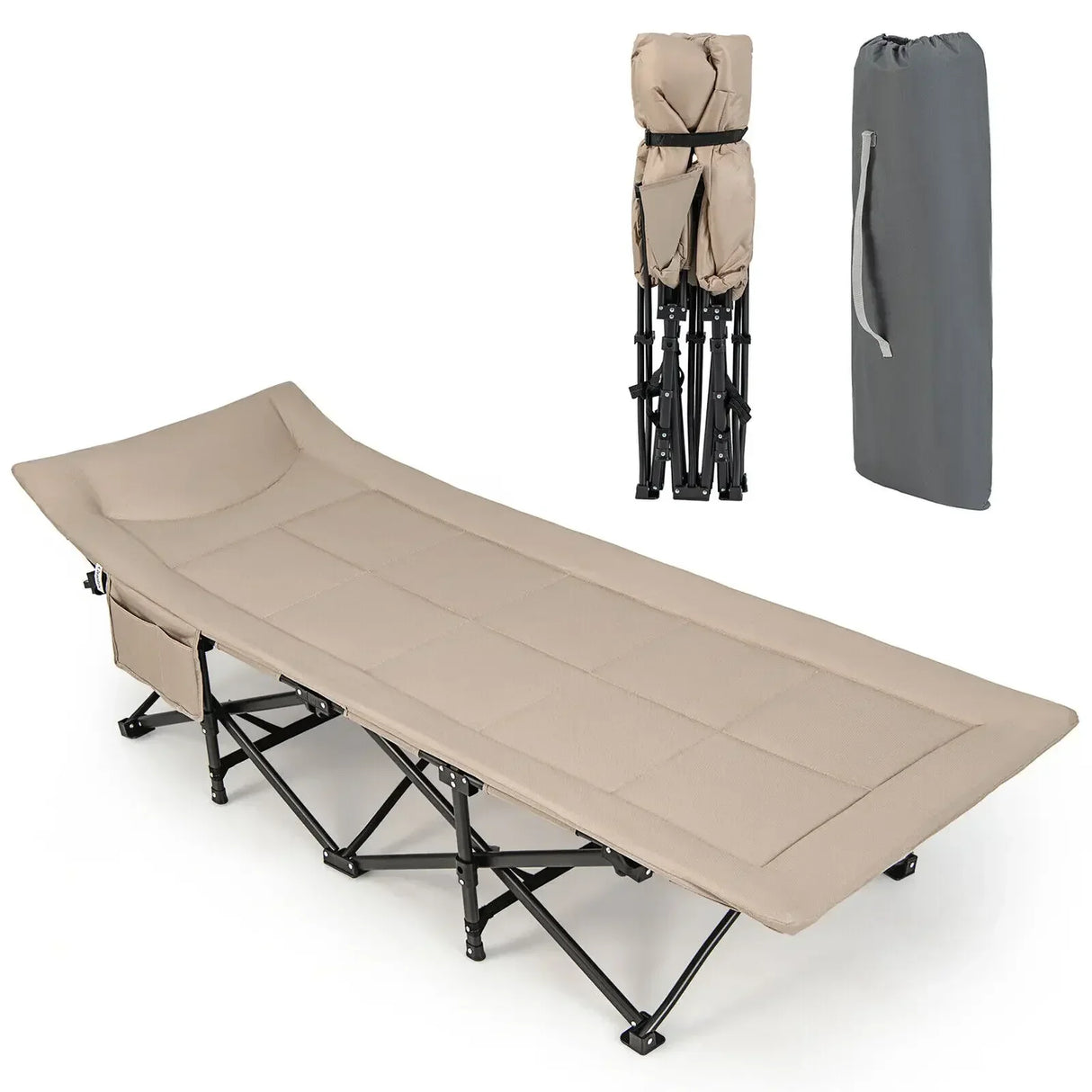 Folding Camping Cot Portable Tent Sleeping Bed w/Cushion Headrest Khaki