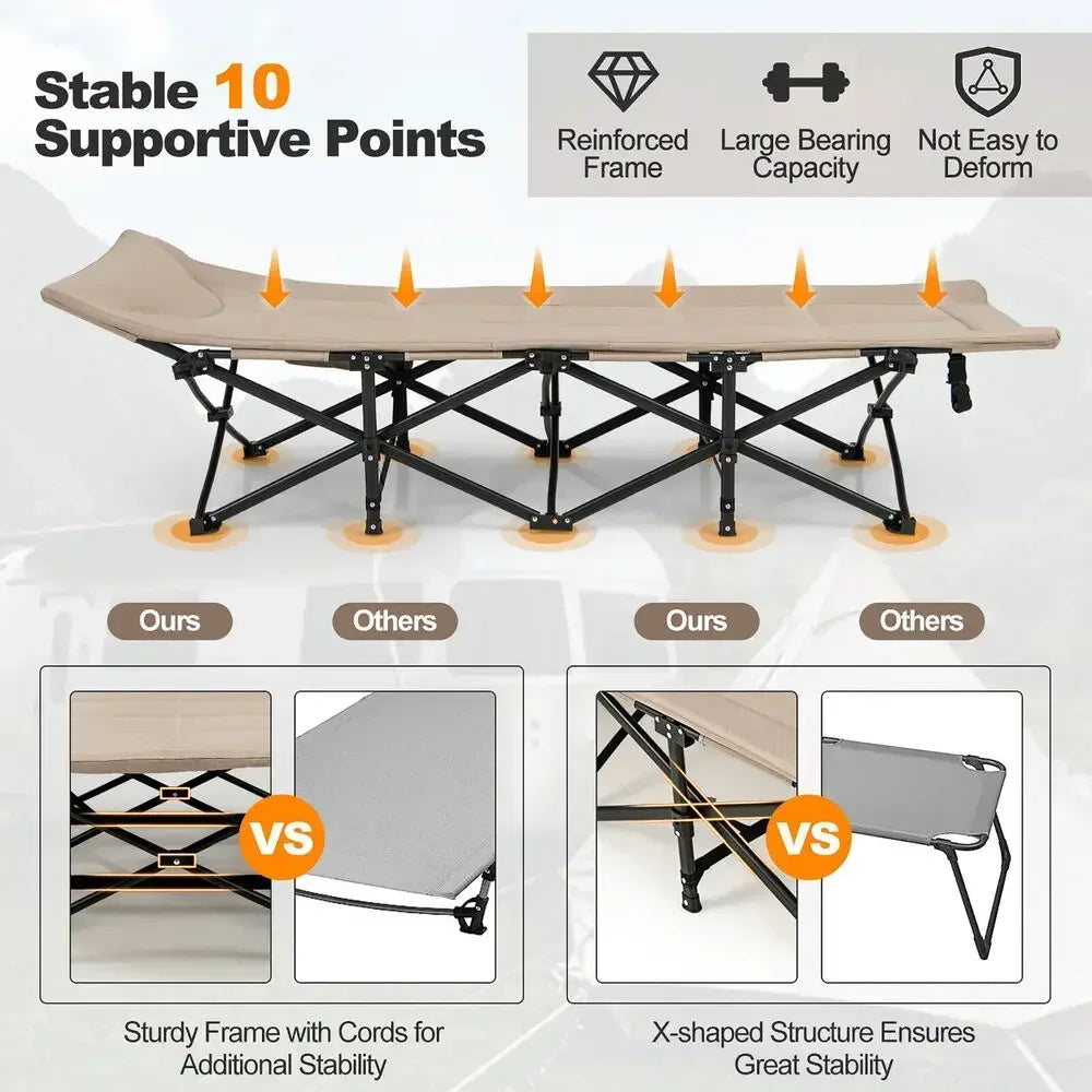 Folding Camping Cot Portable Tent Sleeping Bed w/Cushion Headrest Khaki
