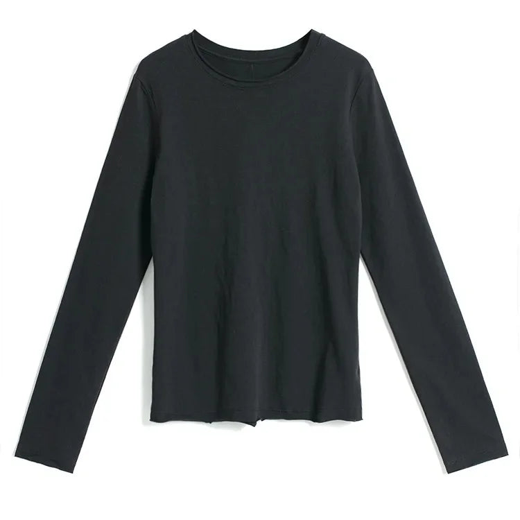 White Long Sleeve Women's T-shirt Thin Spring Autumn Loose round Neck Base Shirt Cotton Casual Inner Wear Top for Ladies
