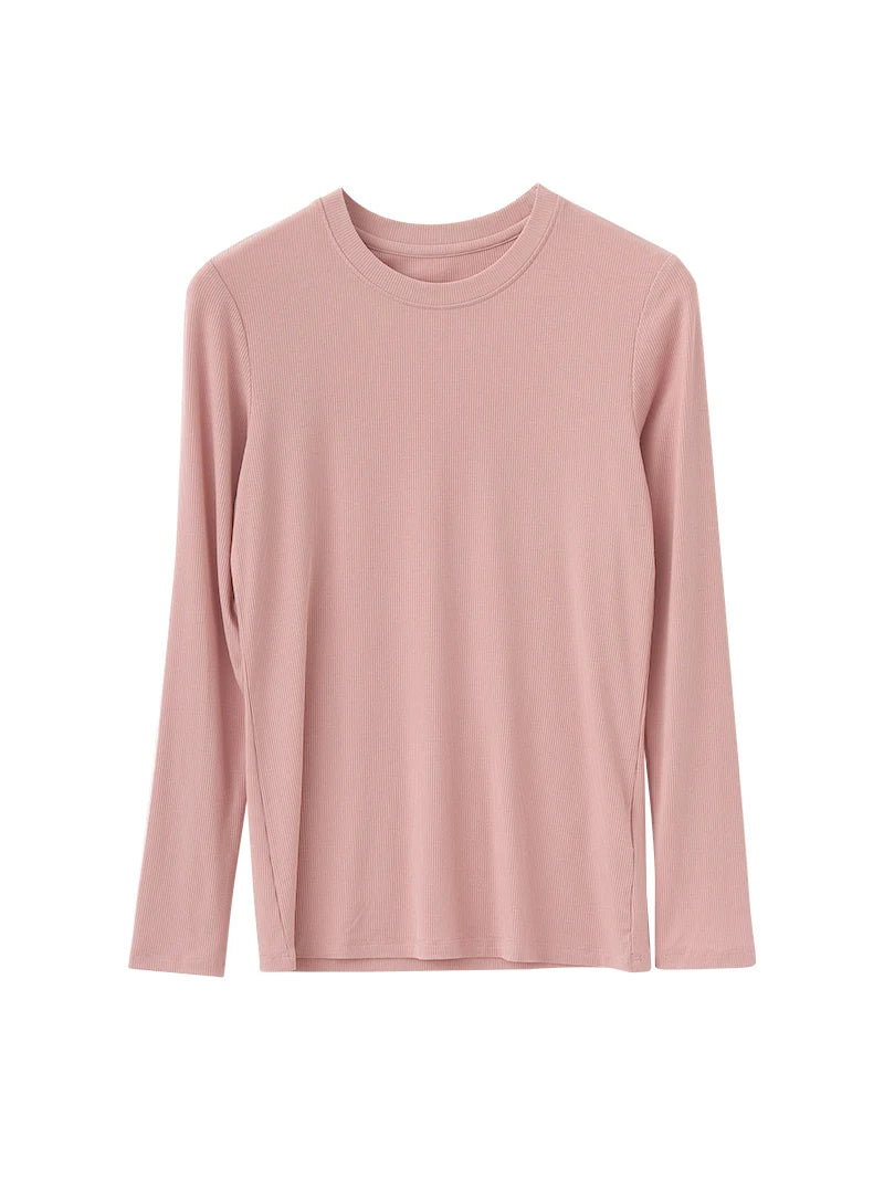 SuyaDream Women Knitted T Shirt Silk Viscose Blend Long Sleeves Solid Basic Cozy Tee 2022 Spring Summer Ribs Top Pink Blue