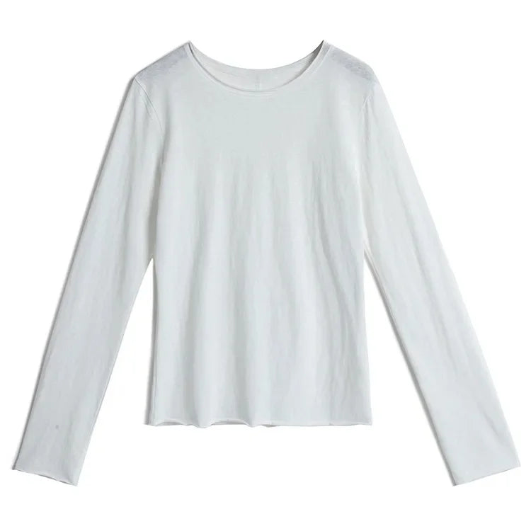 White Long Sleeve Women's T-shirt Thin Spring Autumn Loose round Neck Base Shirt Cotton Casual Inner Wear Top for Ladies